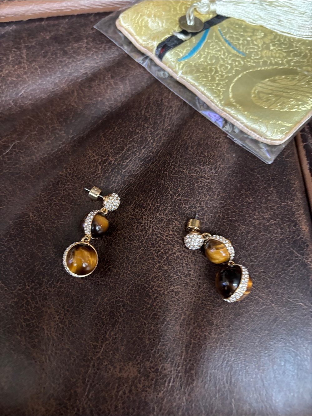 Michael Kors Gold-Tone Tiger Eye Drop Earrings with Crystal Pave
